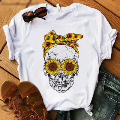Women Casual Skull Chrysanthemum Print Short-Sleeved T-Shirt