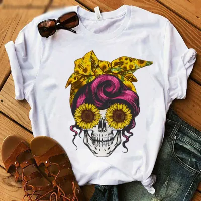 Women Casual Skull Chrysanthemum Print Short-Sleeved T-Shirt