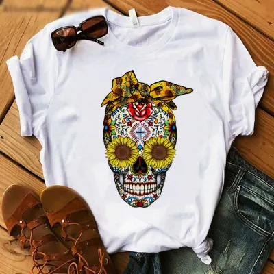 Women Casual Skull Chrysanthemum Print Short-Sleeved T-Shirt