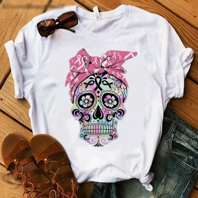 Women Casual Skull Chrysanthemum Print Short-Sleeved T-Shirt