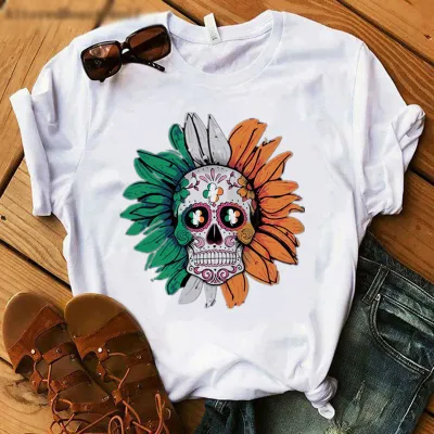 Women Casual Skull Chrysanthemum Print Short-Sleeved T-Shirt