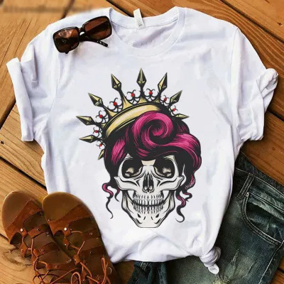 Women Casual Skull Chrysanthemum Print Short-Sleeved T-Shirt