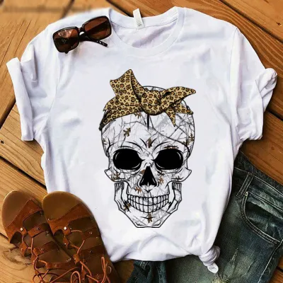 Women Casual Skull Chrysanthemum Print Short-Sleeved T-Shirt