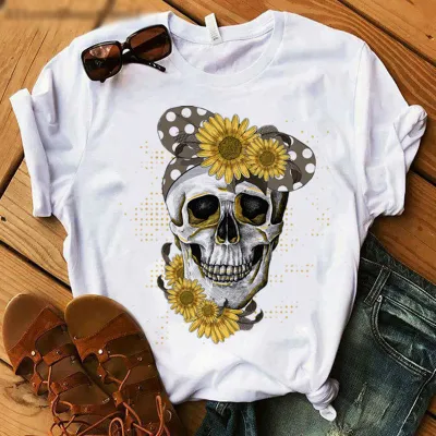Women Casual Skull Chrysanthemum Print Short-Sleeved T-Shirt