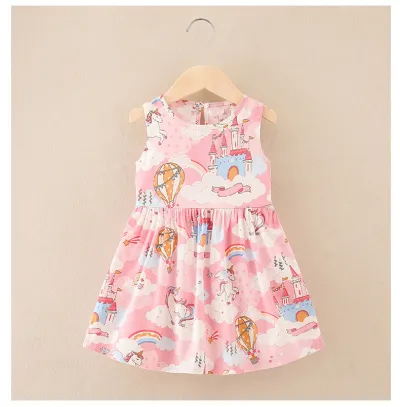 Kids Toddler Girls Sweet A-Line Cartoon Print Sleeveless Round Neck Cotton Dress