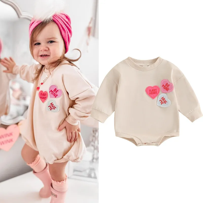 Kids Baby Girls Cute Valentine Heart Pattern Long Sleeve Round Neck Romper Casual