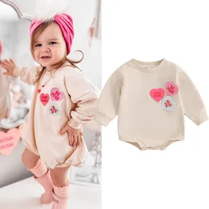 Kids Baby Girls Cute Valentine Heart Pattern Long Sleeve Round Neck Romper Casual