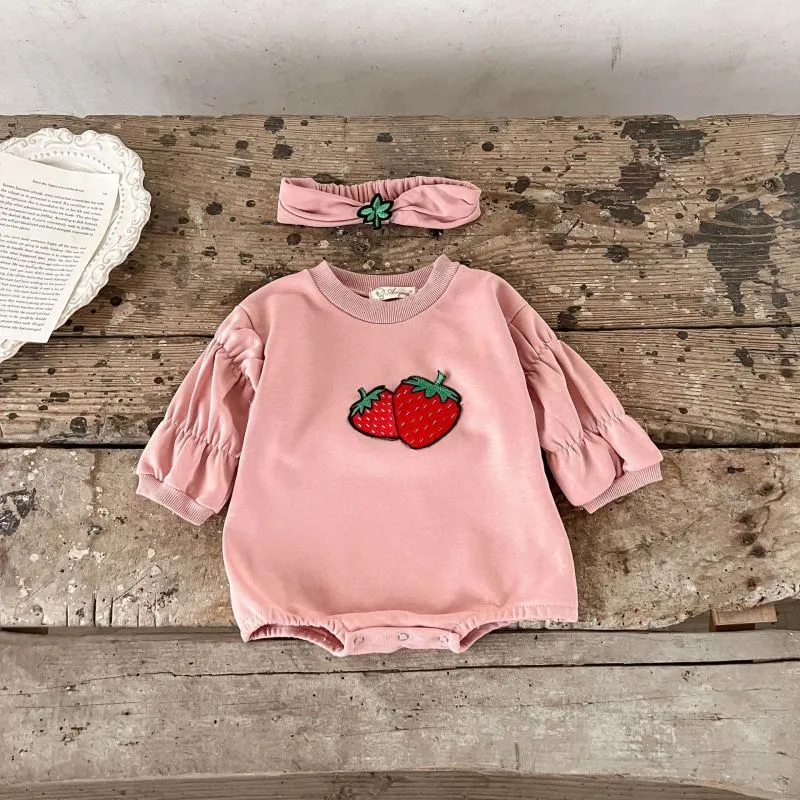 Kids Baby Girls Casual Cute Strawberry Pattern Puff Sleeve Round Neck Romper Long Sleeve Cotton