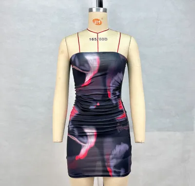 Women Nightclub Sexy Tie-Dye Printed Strapless Bodycon Dress