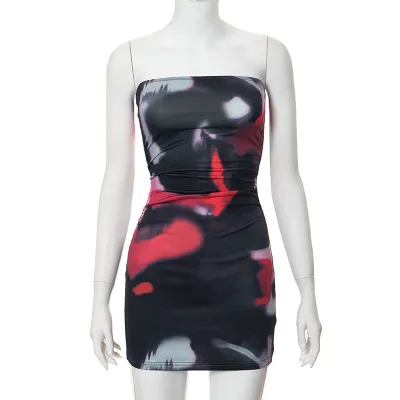 Women Nightclub Sexy Tie-Dye Printed Strapless Bodycon Dress