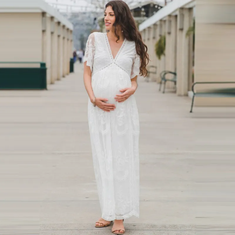 Women's Fashion Sexy V-Neck Lace Long Sleeve Maternity Dress