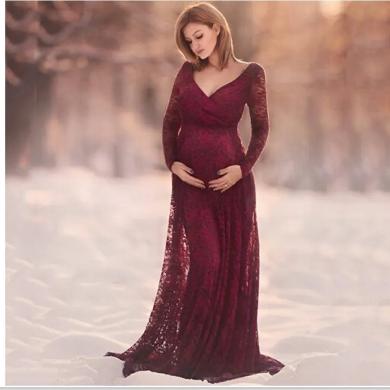 Sexy Deep V-Neck Long Sleeve Lace Maternity Dress