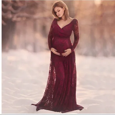 Sexy Deep V-Neck Long Sleeve Lace Maternity Dress