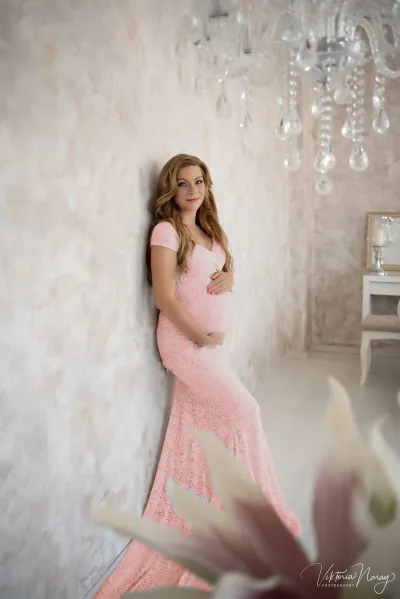 Women Fashion Sexy Lace Short Sleeve Trailing Maternity Dress