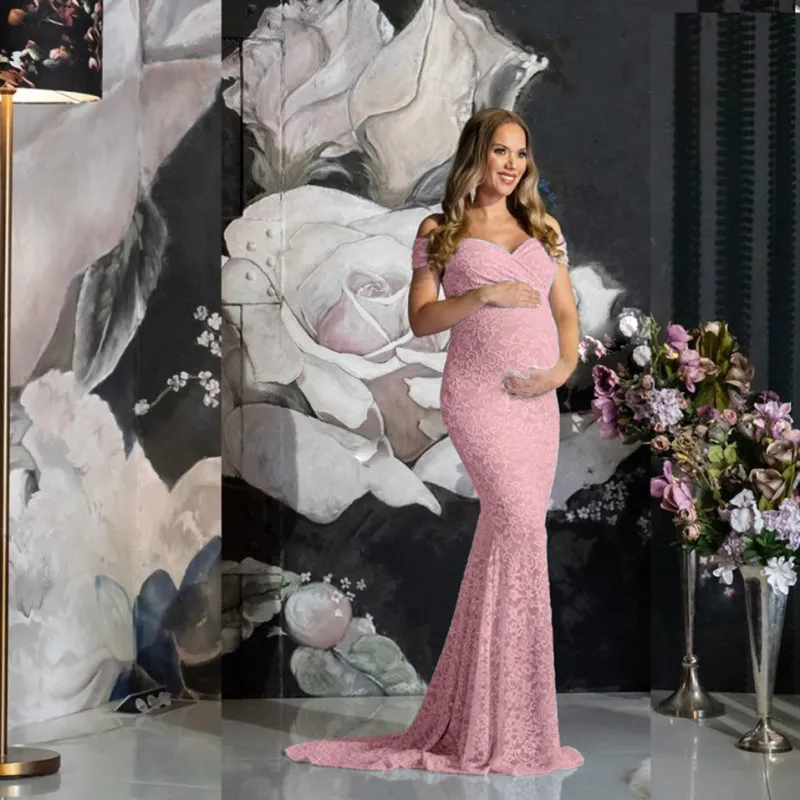 Women Fashion Sexy Lace Short Sleeve Trailing Maternity Dress