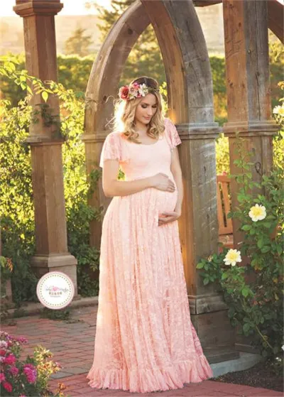 Women Lace Ruffled Short Sleeve Maternity Dress