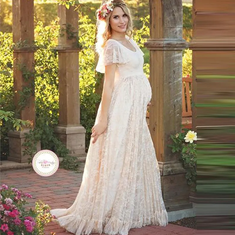 Women Lace Ruffled Short Sleeve Maternity Dress