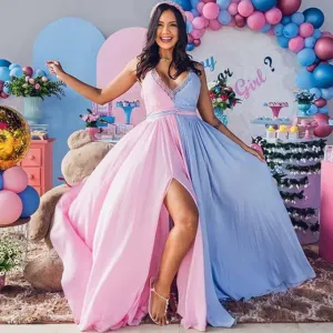 Women Fashion Sexy Deep V Mesh Color Block Split Mop Maternity Dress