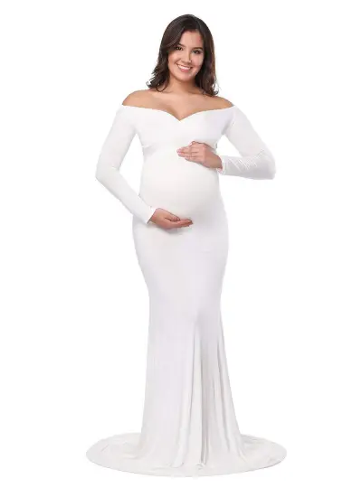Pregnant Women Fashion Sexy V-Neck Off Shoulder Long Sleeve Trailing Maxi Dress