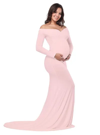 Pregnant Women Fashion Sexy V-Neck Off Shoulder Long Sleeve Trailing Maxi Dress