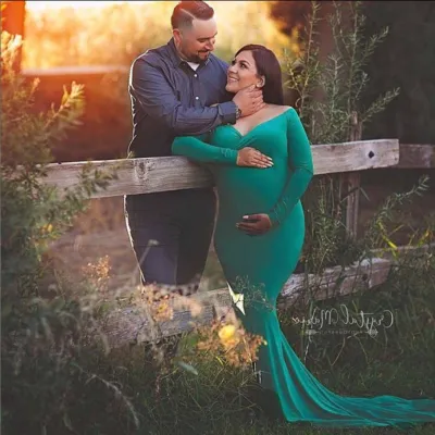 Pregnant Women Fashion Sexy V-Neck Off Shoulder Long Sleeve Trailing Maxi Dress