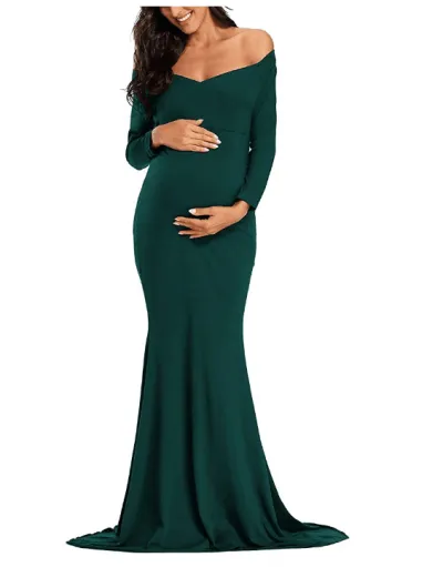 Pregnant Women Fashion Sexy V-Neck Off Shoulder Long Sleeve Trailing Maxi Dress