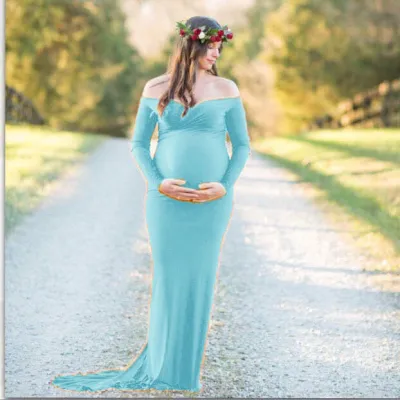 Pregnant Women Fashion Sexy V-Neck Off Shoulder Long Sleeve Trailing Maxi Dress
