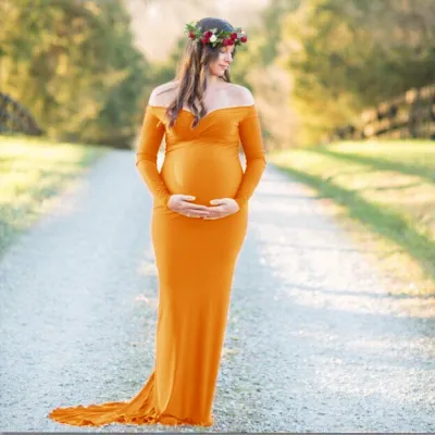 Pregnant Women Fashion Sexy V-Neck Off Shoulder Long Sleeve Trailing Maxi Dress