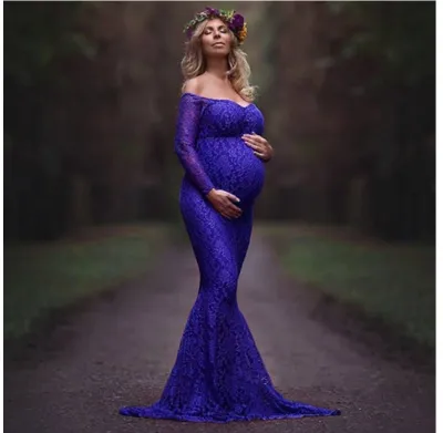 Pregnant Women Sexy Lace Off Shoulder Long Sleeve Maternity Dress