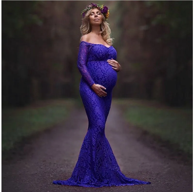 Pregnant Women Sexy Lace Off Shoulder Long Sleeve Maternity Dress