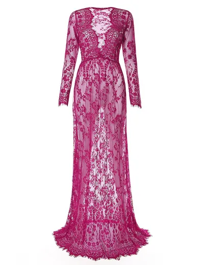 Fashion Sexy Deep V Long Sleeve Lace See-Through Sheath Maternity Dress