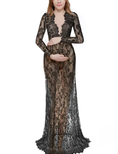 Fashion Sexy Deep V Long Sleeve Lace See-Through Sheath Maternity Dress