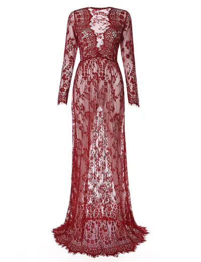 Fashion Sexy Deep V Long Sleeve Lace See-Through Sheath Maternity Dress