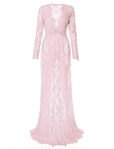 Fashion Sexy Deep V Long Sleeve Lace See-Through Sheath Maternity Dress