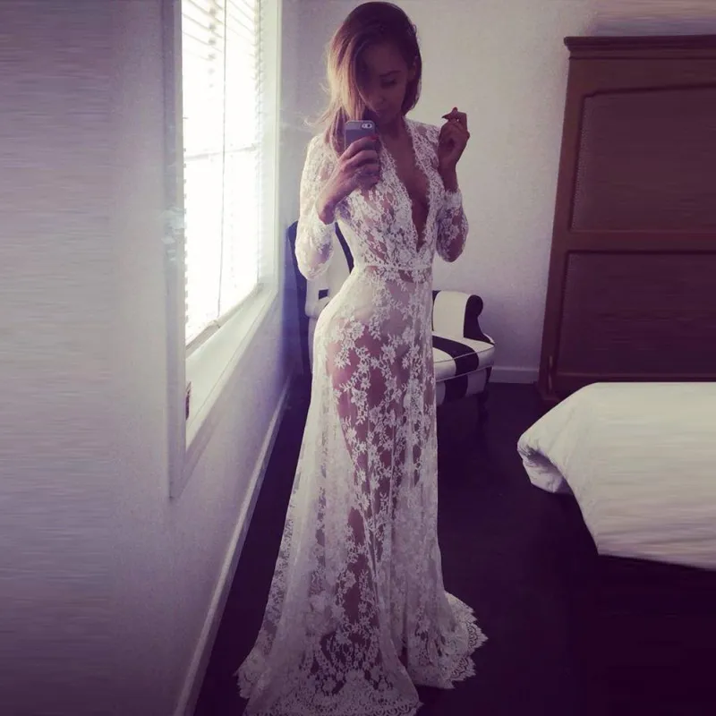 Fashion Sexy Deep V Long Sleeve Lace See-Through Sheath Maternity Dress