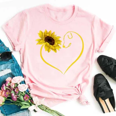 Women Casual Sunflower Print Short-Sleeved T-Shirt