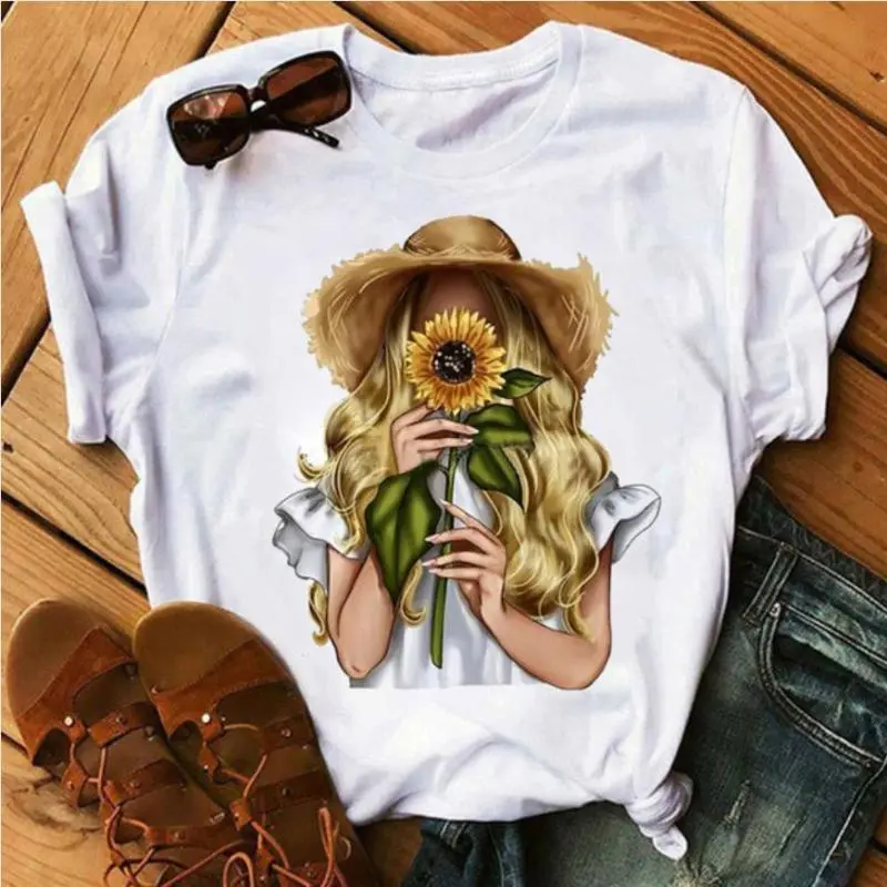 Women Casual Sunflower Print Short-Sleeved T-Shirt