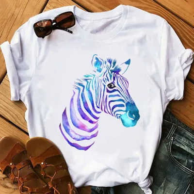Women Casual Zebra Print Short-Sleeved T-Shirt - Loose Fit Polyester Crewneck