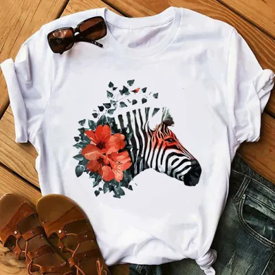 Women Casual Zebra Print Short-Sleeved T-Shirt - Loose Fit Polyester Crewneck