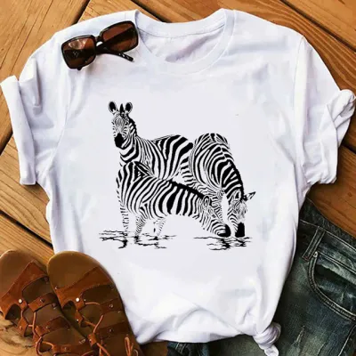 Women Casual Zebra Print Short-Sleeved T-Shirt - Loose Fit Polyester Crewneck