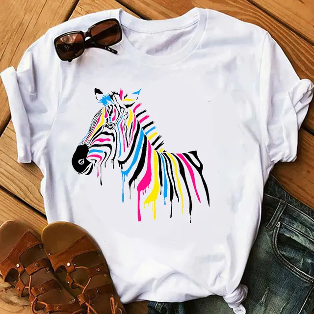 Women Casual Zebra Print Short-Sleeved T-Shirt - Loose Fit Polyester Crewneck