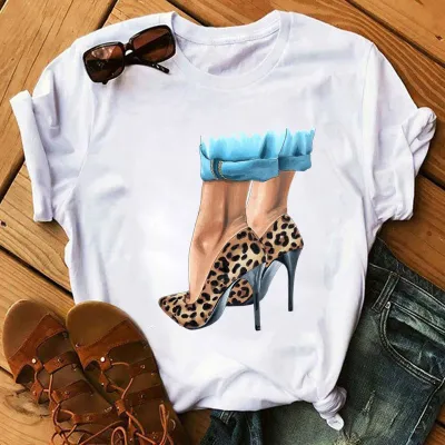 Women Leopard High Heels Printed Short Sleeve T-Shirt