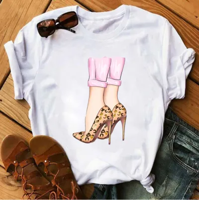 Women Leopard High Heels Printed Short Sleeve T-Shirt