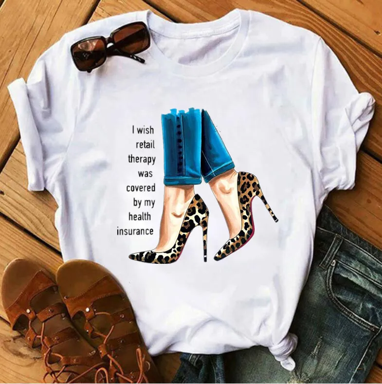 Women Leopard High Heels Printed Short Sleeve T-Shirt