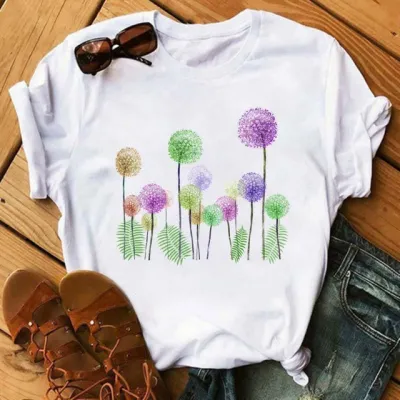 Women Casual Dandelion Print Short-Sleeved T-Shirt Loose Fit Polyester