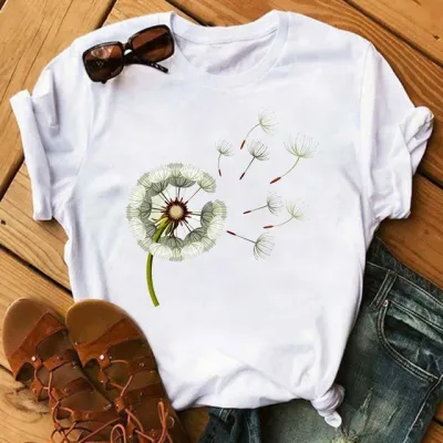 Women Casual Dandelion Print Short-Sleeved T-Shirt Loose Fit Polyester