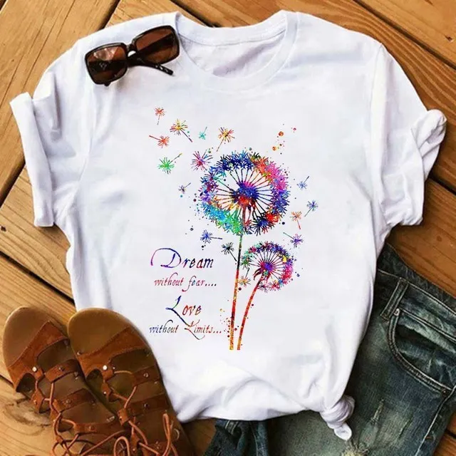 Women Casual Dandelion Print Short-Sleeved T-Shirt Loose Fit Polyester