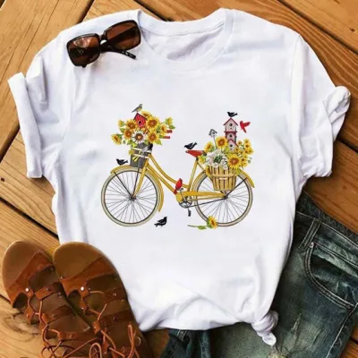 Women Loose Casual Bicycle Printed Short-Sleeved T-Shirt