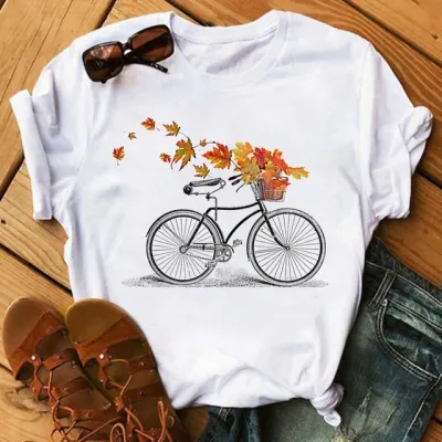 Women Loose Casual Bicycle Printed Short-Sleeved T-Shirt