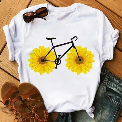 Women Loose Casual Bicycle Printed Short-Sleeved T-Shirt
